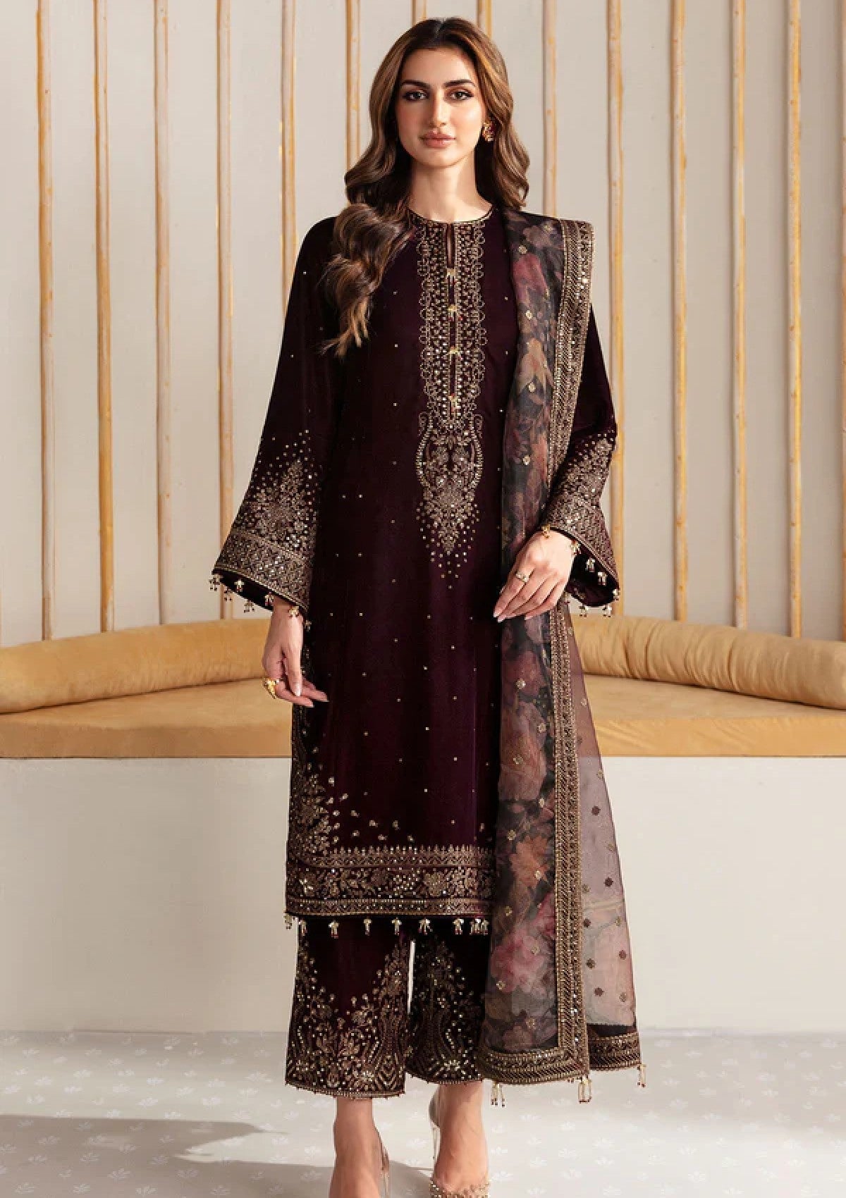 Velvet-3pc Embroidered with Organza Embroidered Dupatta-956