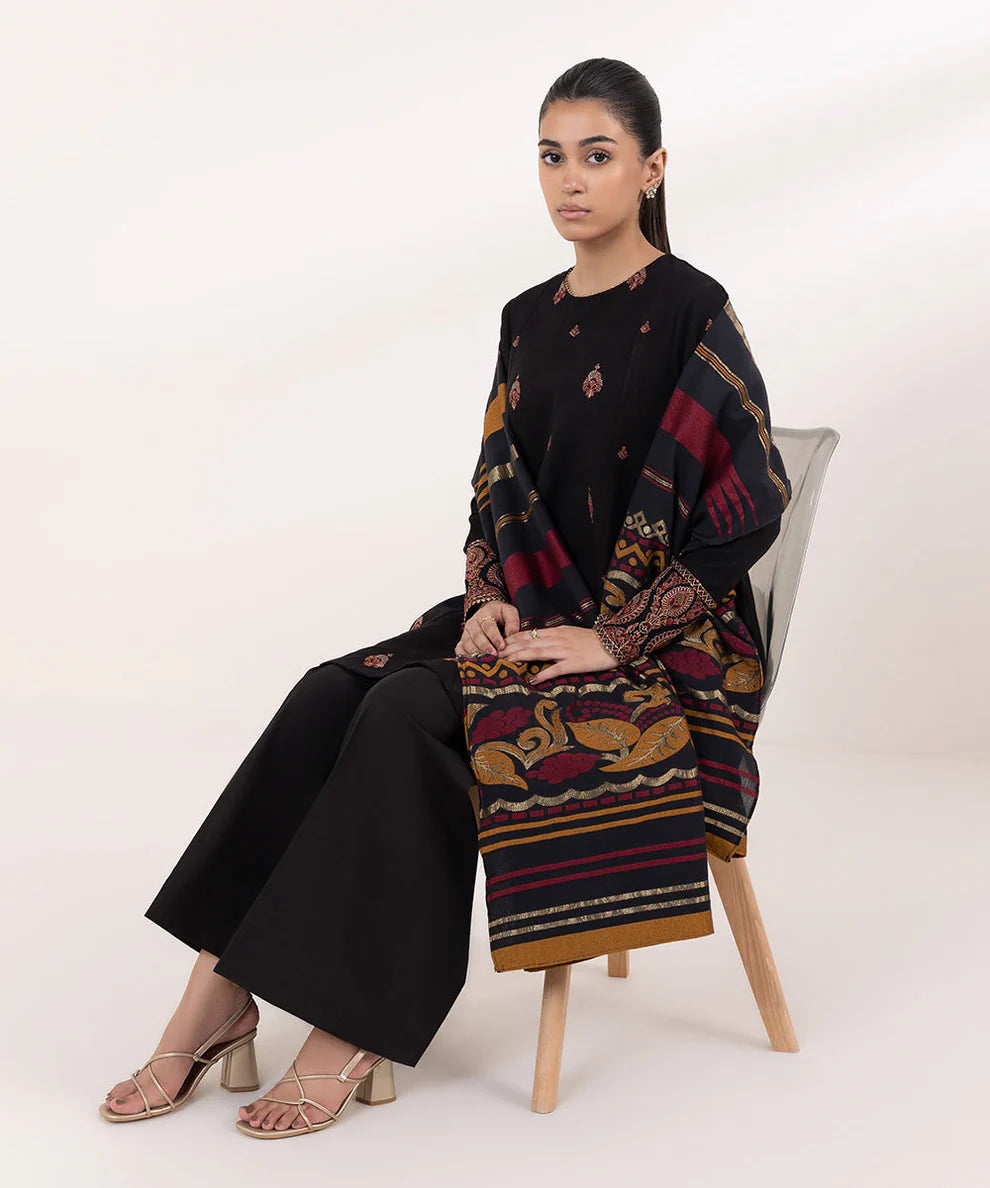 3PC Dhanak Embroidered Shirt With Digital Printed Shawl-690