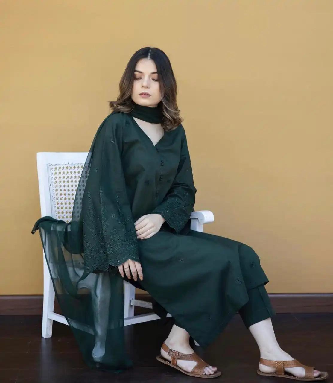 Dhanak-3PC Embroidered Shirt with Chiffon Plain Dyed Dupatta-361