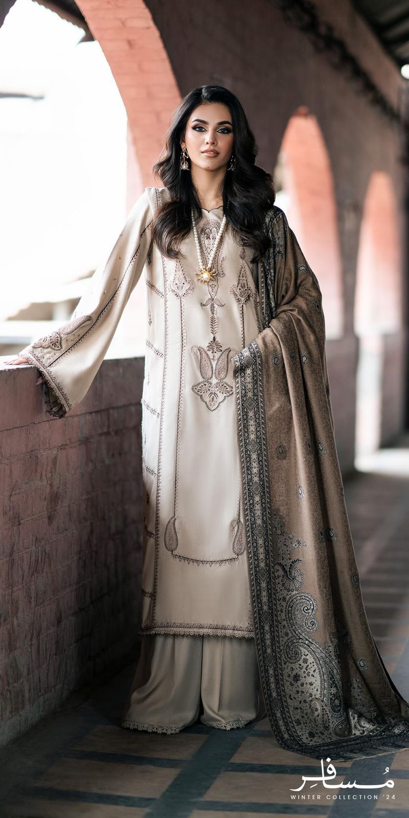 3PC Dhanak Embroidered Shirt With Digital Printed Shawl-257