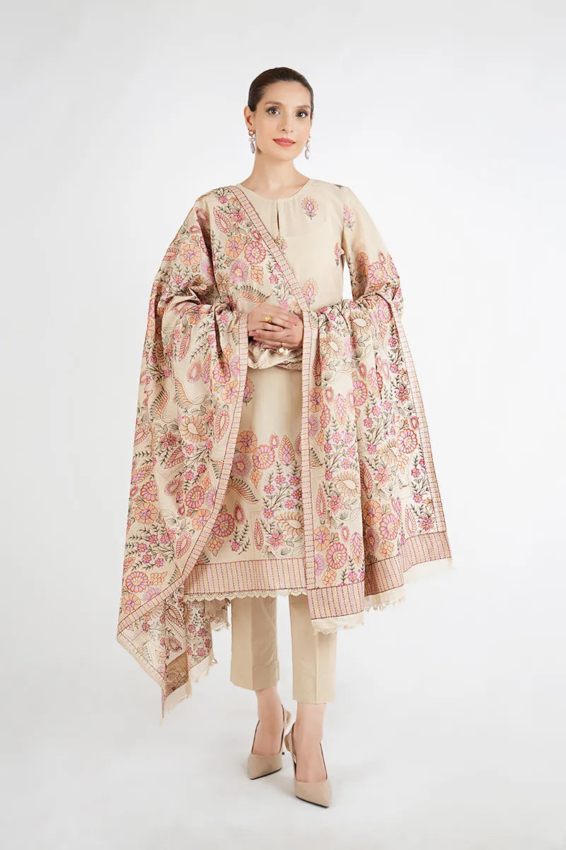 Dhanak 3PC Embroidered Shirt with Dhanak Embroidered Shawl-3399