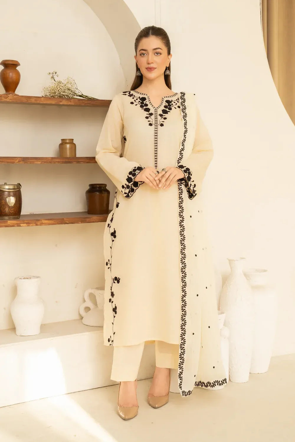 Dhanak-3PC Embroidered Shirt with Chiffon Embroidered Dupatta - 3510