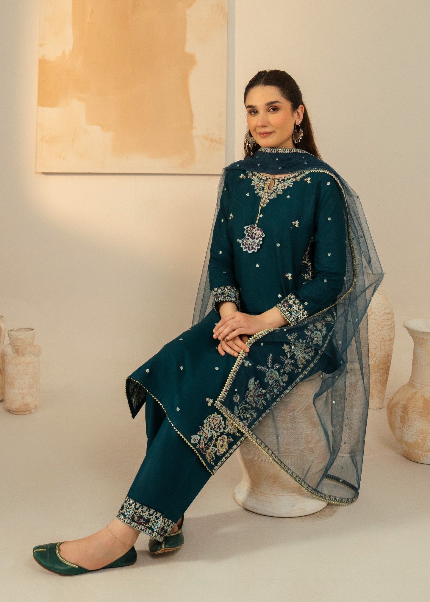 Dhanak-3PC Embroidered Shirt with Chiffon Embroidered Dupatta - 3531