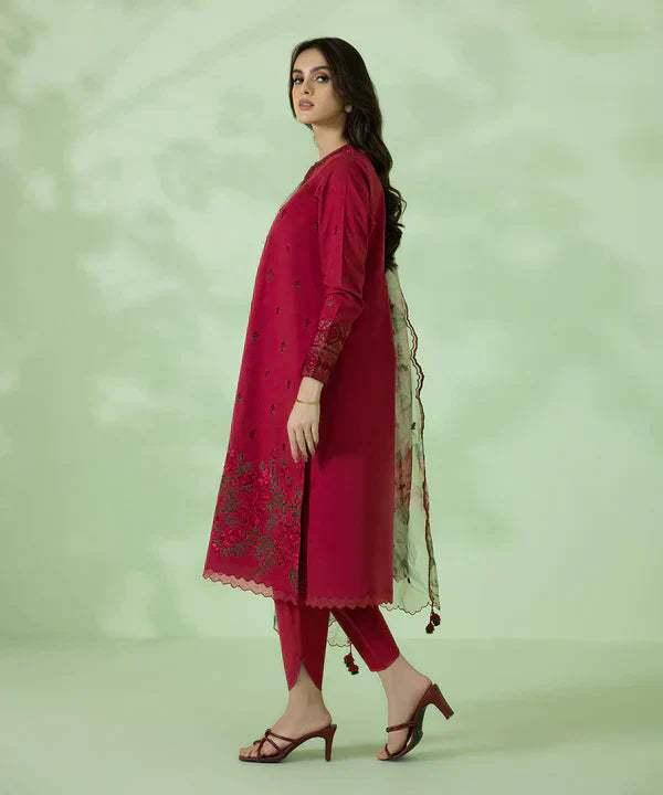 Dhanak-3PC Embroidered Shirt with Organza Digital Printed Dupatta- 3146