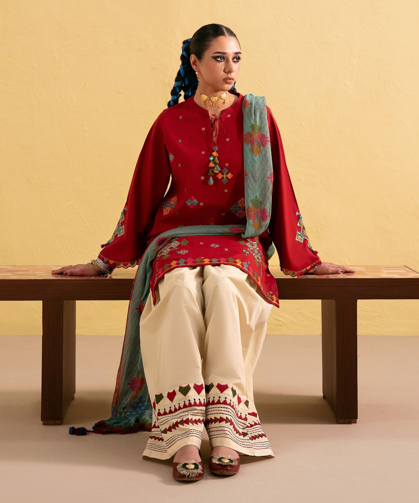 Dhanak-3PC Embroidered Shirt with Digital Printed Wool Shawl - 3437