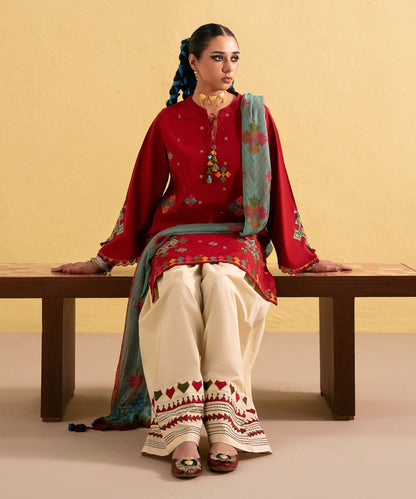 Dhanak-3PC Embroidered Shirt with Digital Printed Wool Shawl - 3437