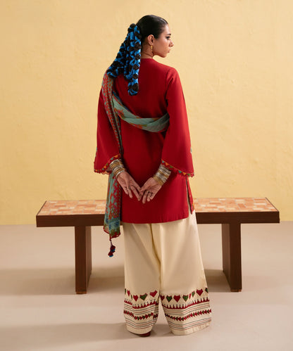 Dhanak-3PC Embroidered Shirt with Digital Printed Wool Shawl - 3437