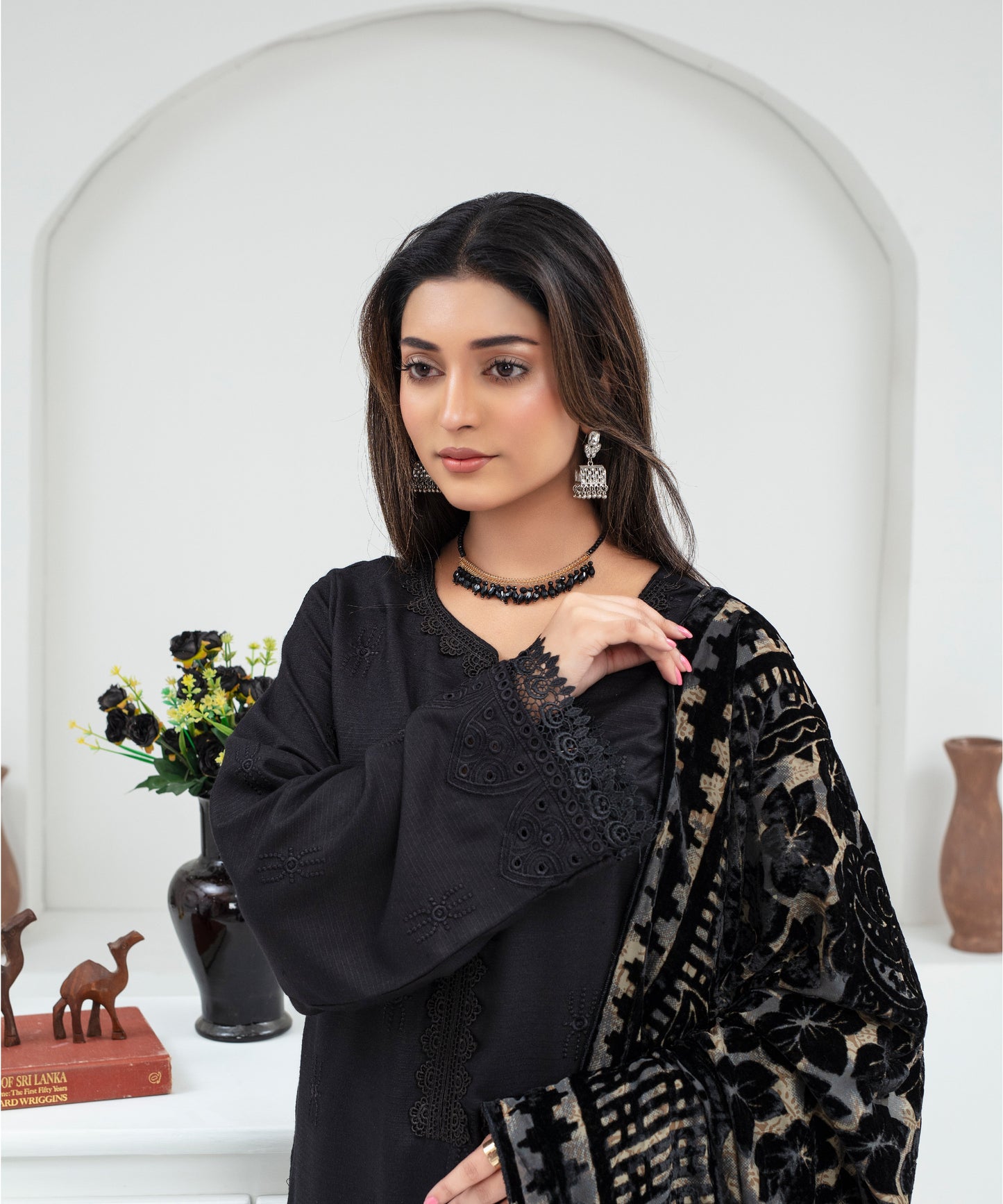 Dhanak 3PC Chikankari Embroidered Shirt With Velvet Plachi Shawl- 2107