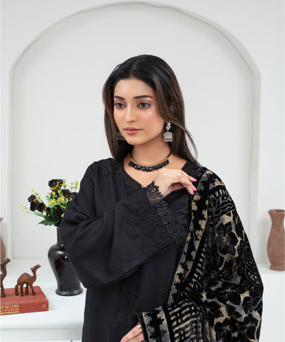 Dhanak 3PC Chikankari Embroidered Shirt With Velvet Plachi Shawl- 2107