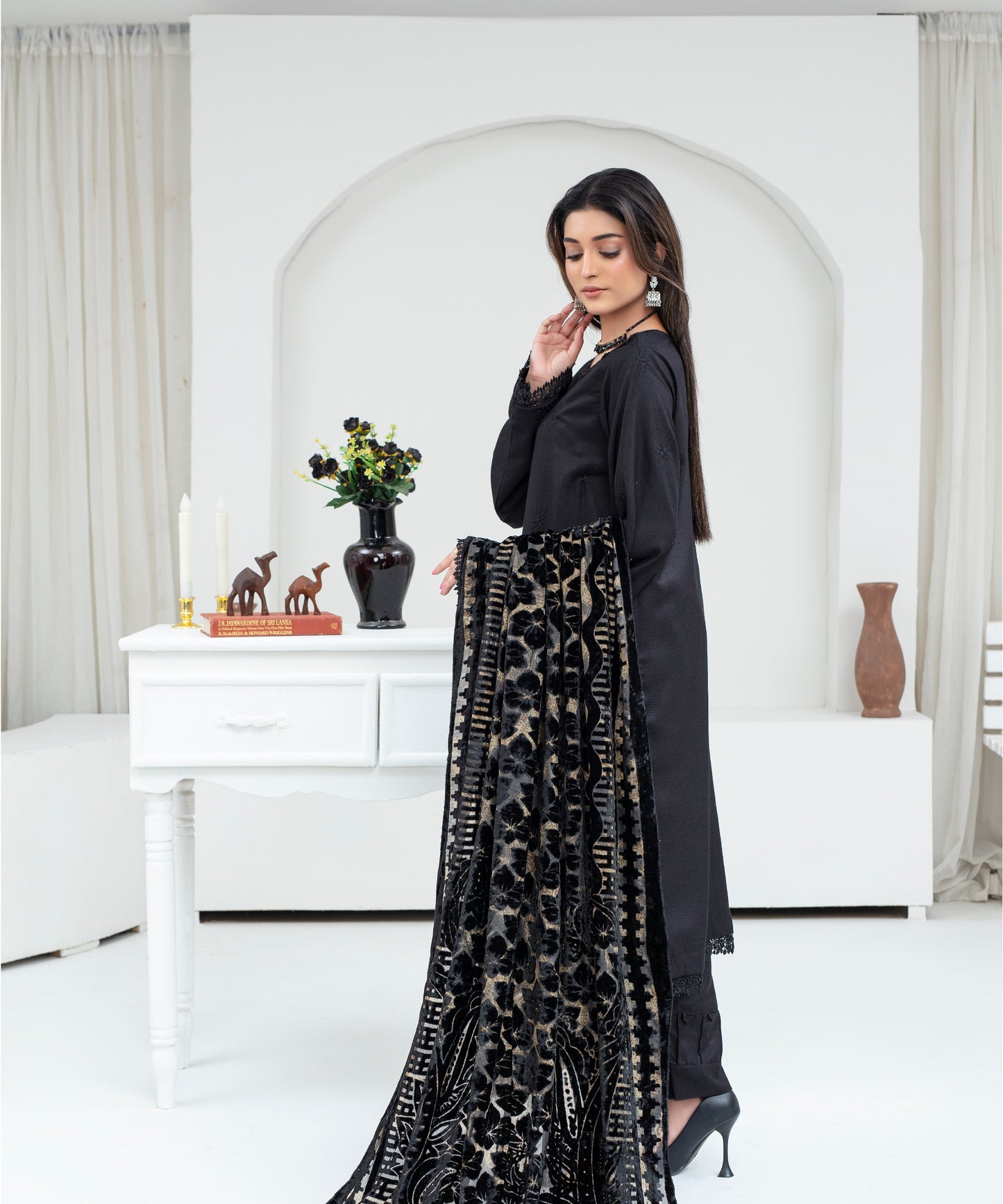 Dhanak 3PC Chikankari Embroidered Shirt With Velvet Plachi Shawl- 2107