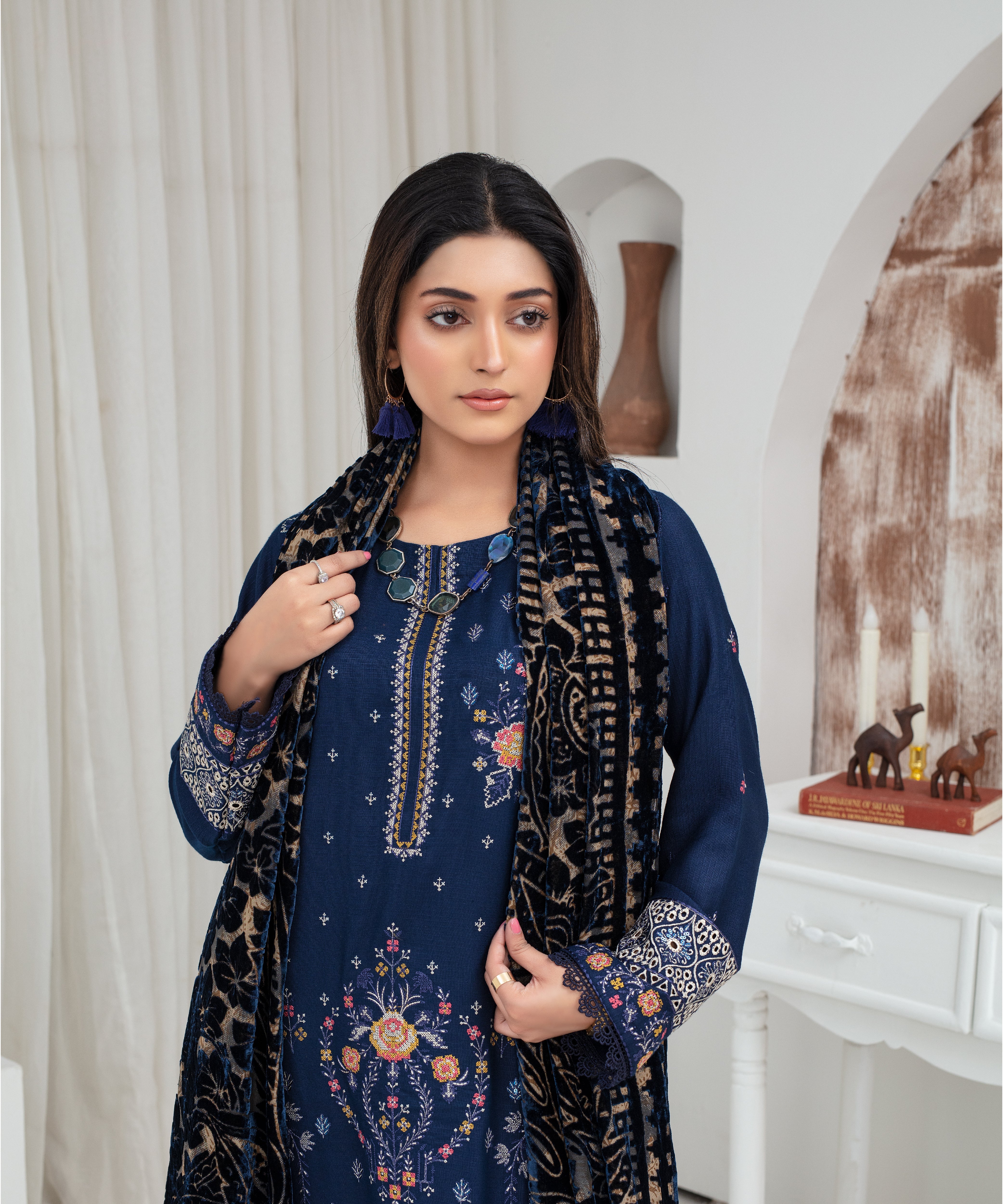 Dhanak 3PC Chikankari Embroidered Shirt With Velvet Plachi Shawl- 2103