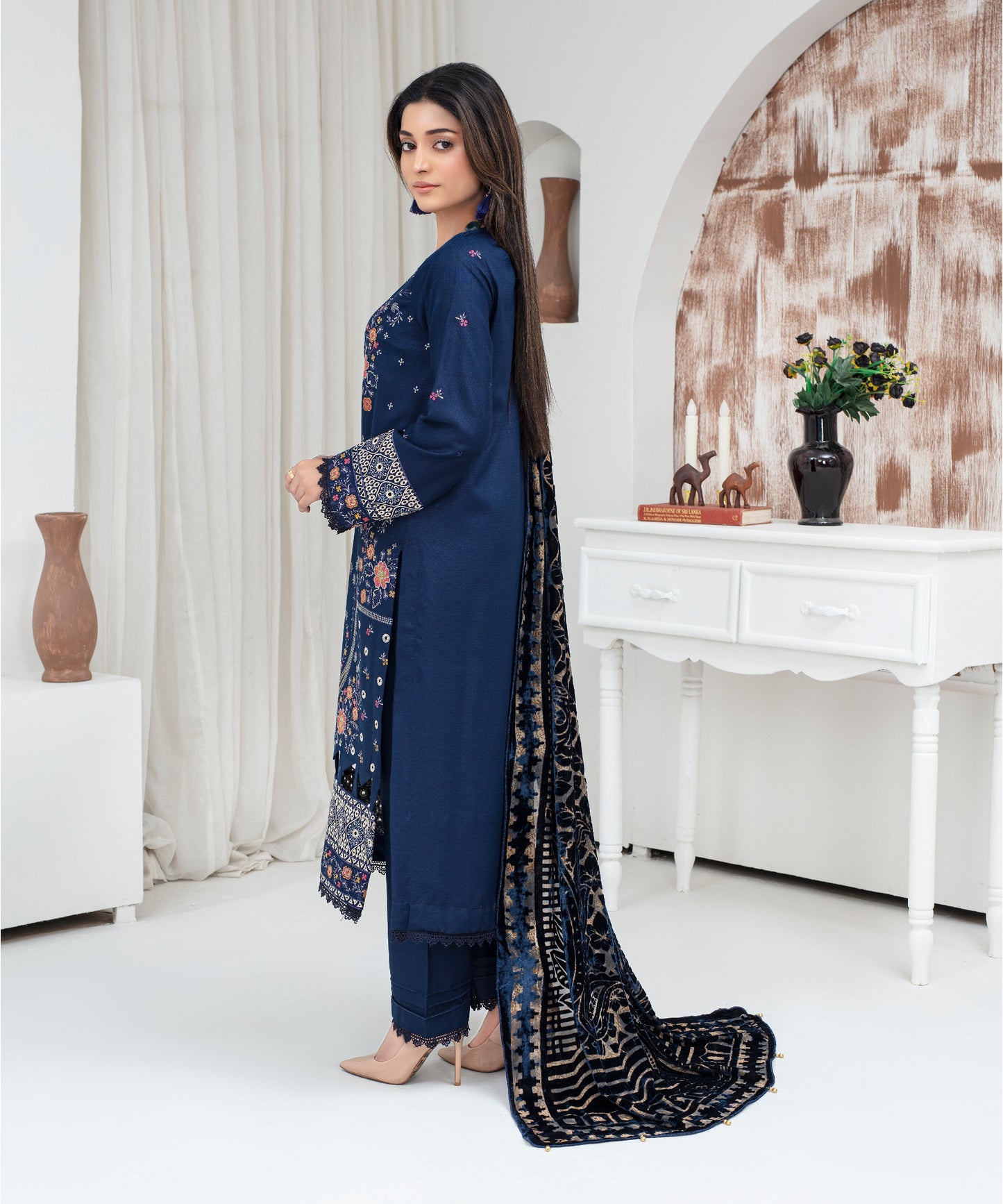 Dhanak 3PC Chikankari Embroidered Shirt With Velvet Plachi Shawl- 2103