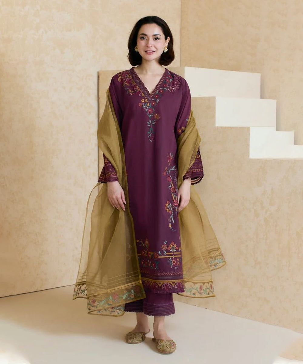 Dhanak -3PC Embroidered Shirt With Organza Embroidered Dupatta-3343
