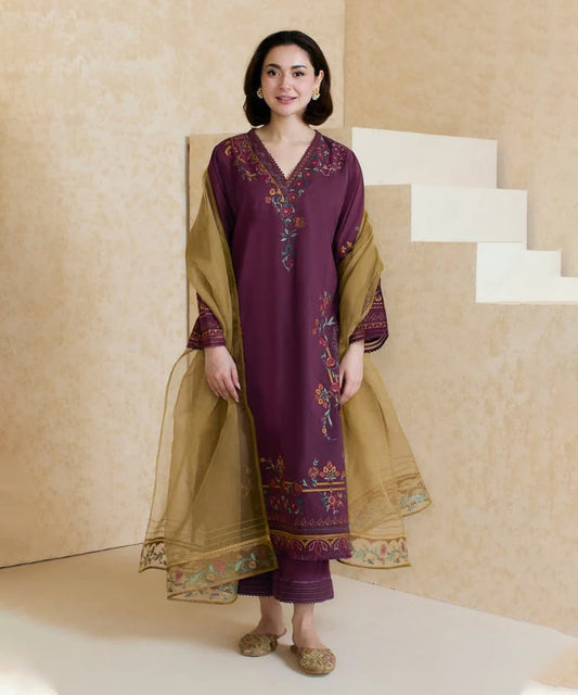 Dhanak -3PC Embroidered Shirt With Organza Embroidered Dupatta-3343