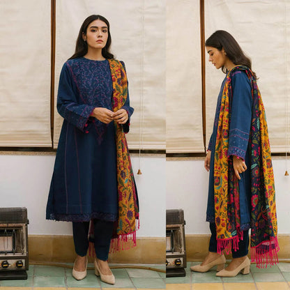 3PC Dhanak Embroidered Shirt With Digital Printed Shawl-217