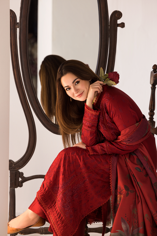 3PC DHANAK EMBROIDERED SHIRT WITH TWILL PRINTED SHAWL AND TROUSER-688