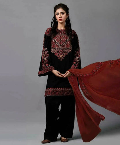 Linen 3PC Embroidered Shirt with Chiffon Embroidered Dupatta-1009