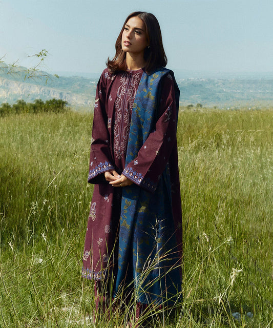 3PC Dhanak Embroidered Shirt With Digital Printed Shawl-274