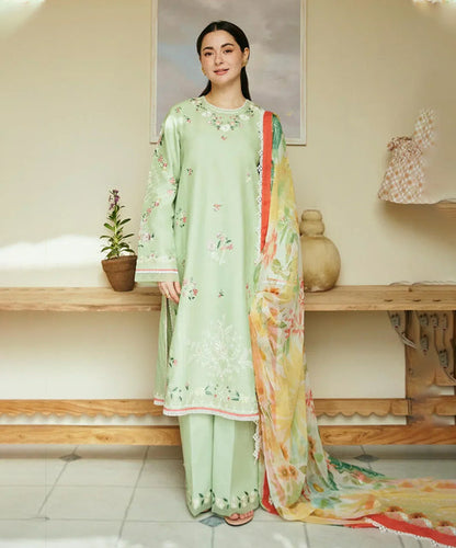 Dhanak-3PC Embroidered Shirt with Digital Printed Wool Shawl - 3238