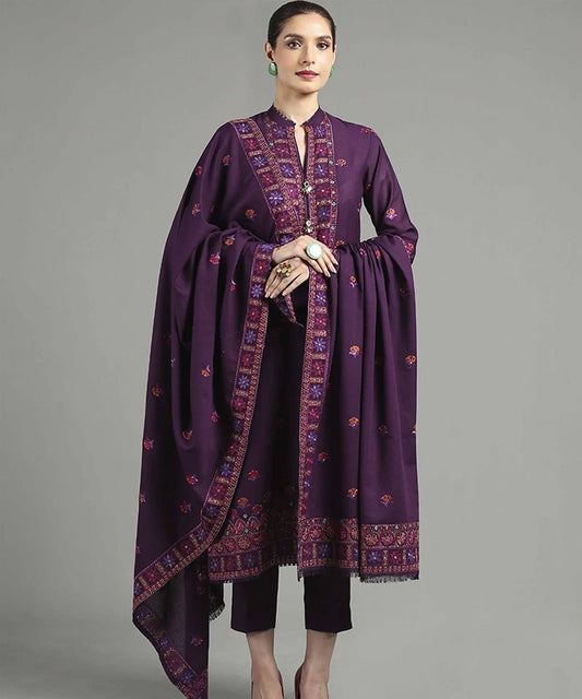 Dhanak 3PC Embroidered Shirt with Dhanak Embroidered Shawl-3446