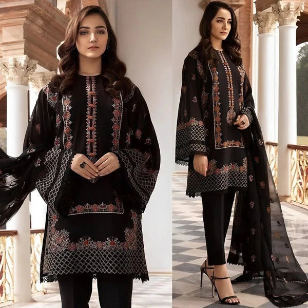 Linen-3PC Embroidered Shirt with Chiffon Embroidered Dupatta-3419