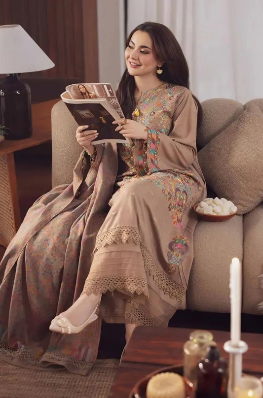 Dhanak 3PC Embroidered Suit with Printed Wool Shawl 3553