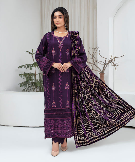 Dhanak 3PC Chikankari Embroidered Shirt With Velvet Plachi Shawl- 2106