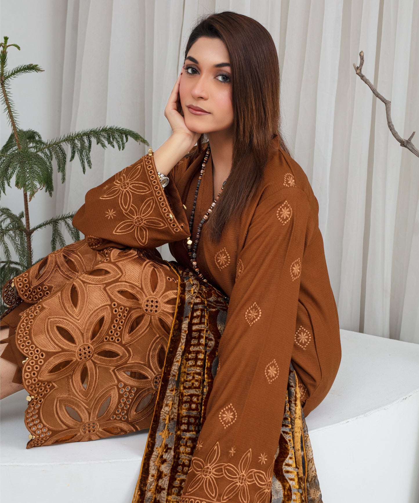 Dhanak 3PC Chikankari Embroidered Shirt With Velvet Plachi Shawl- 2109