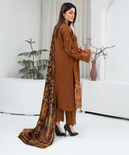 Dhanak 3PC Chikankari Embroidered Shirt With Velvet Plachi Shawl- 2109