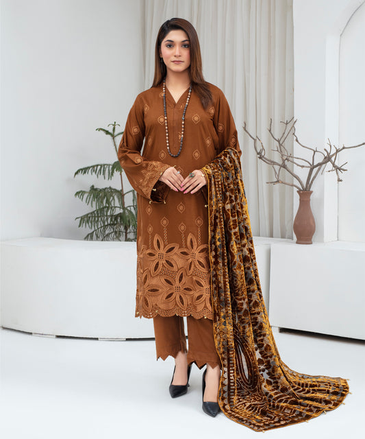 Dhanak 3PC Chikankari Embroidered Shirt With Velvet Plachi Shawl- 2109