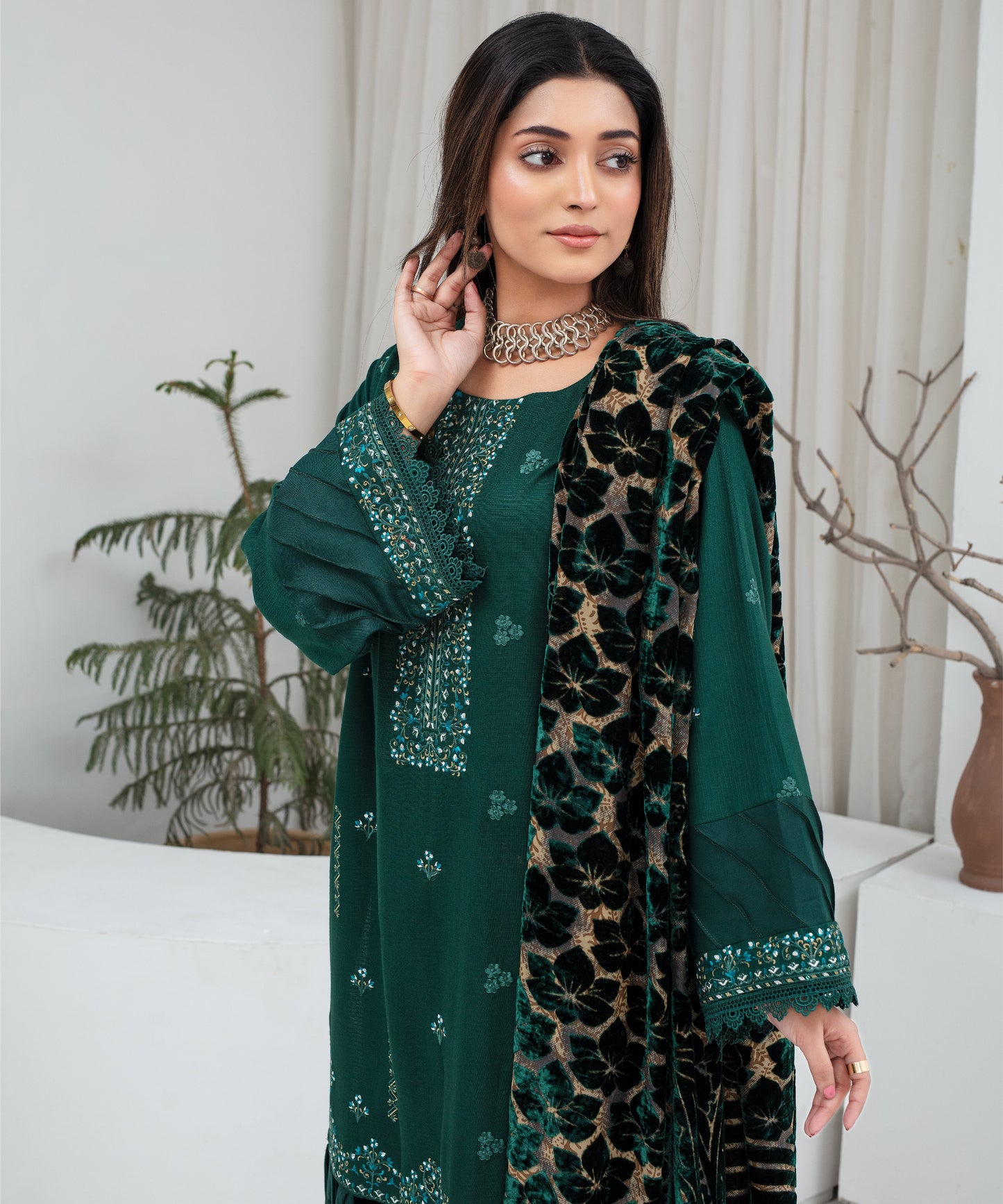 Dhanak 3PC Chikankari Embroidered Shirt With Velvet Plachi Shawl- 2105