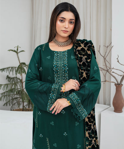 Dhanak 3PC Chikankari Embroidered Shirt With Velvet Plachi Shawl- 2105