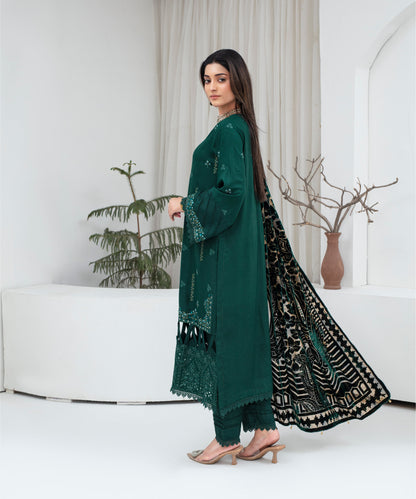 Dhanak 3PC Chikankari Embroidered Shirt With Velvet Plachi Shawl- 2105