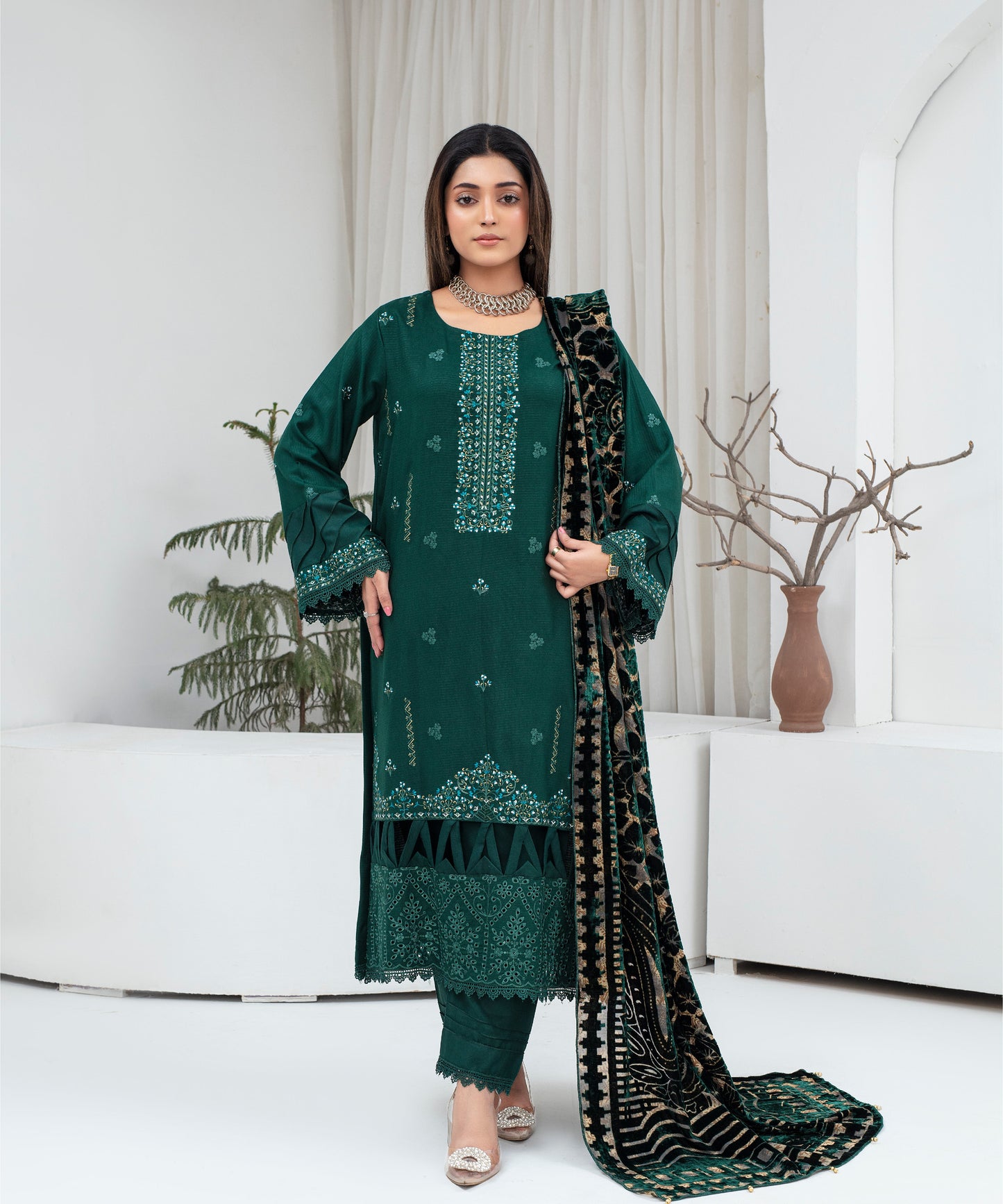 Dhanak 3PC Chikankari Embroidered Shirt With Velvet Plachi Shawl- 2105