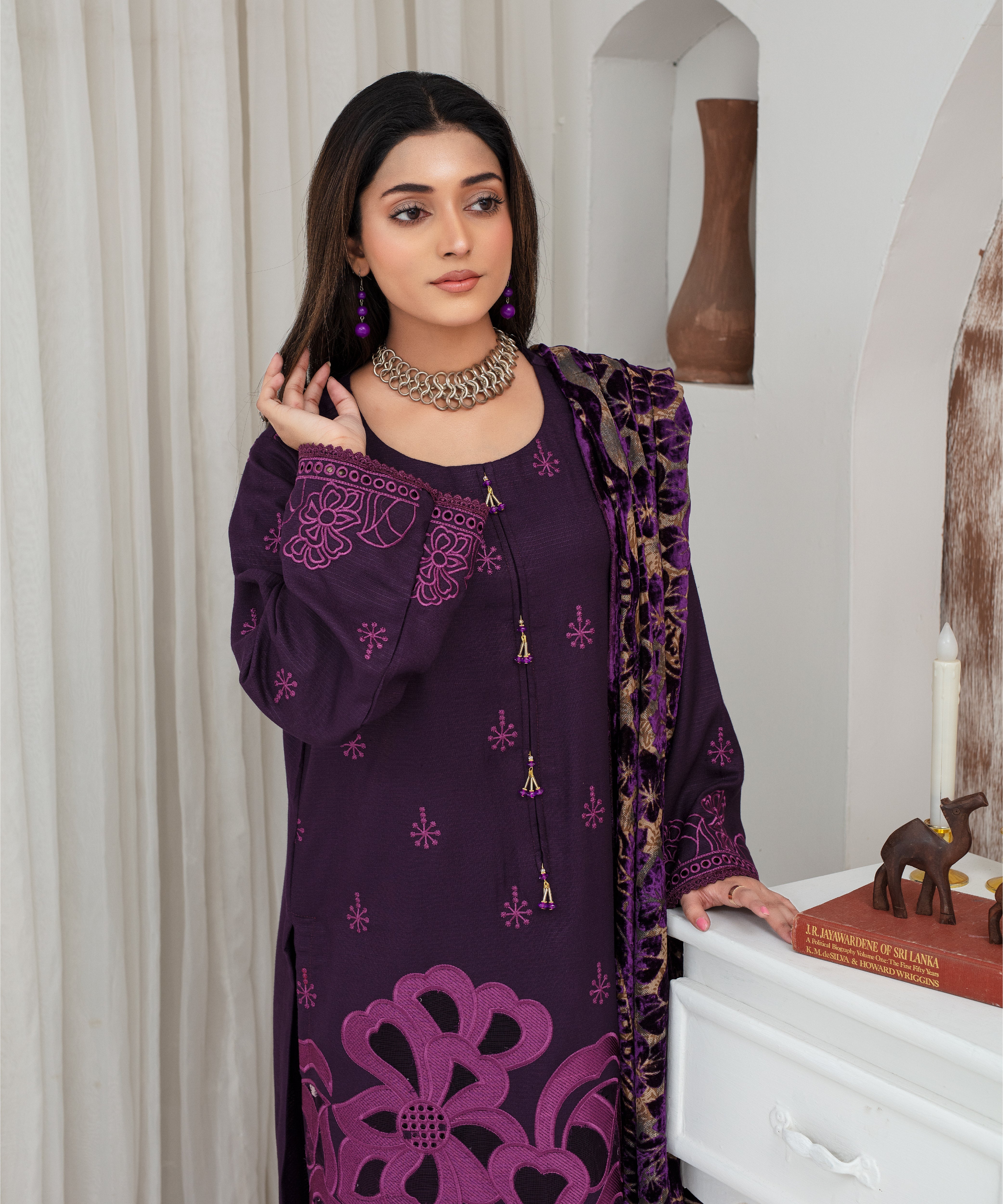 Dhanak 3PC Chikankari Embroidered Shirt With Velvet Plachi Shawl- 2108