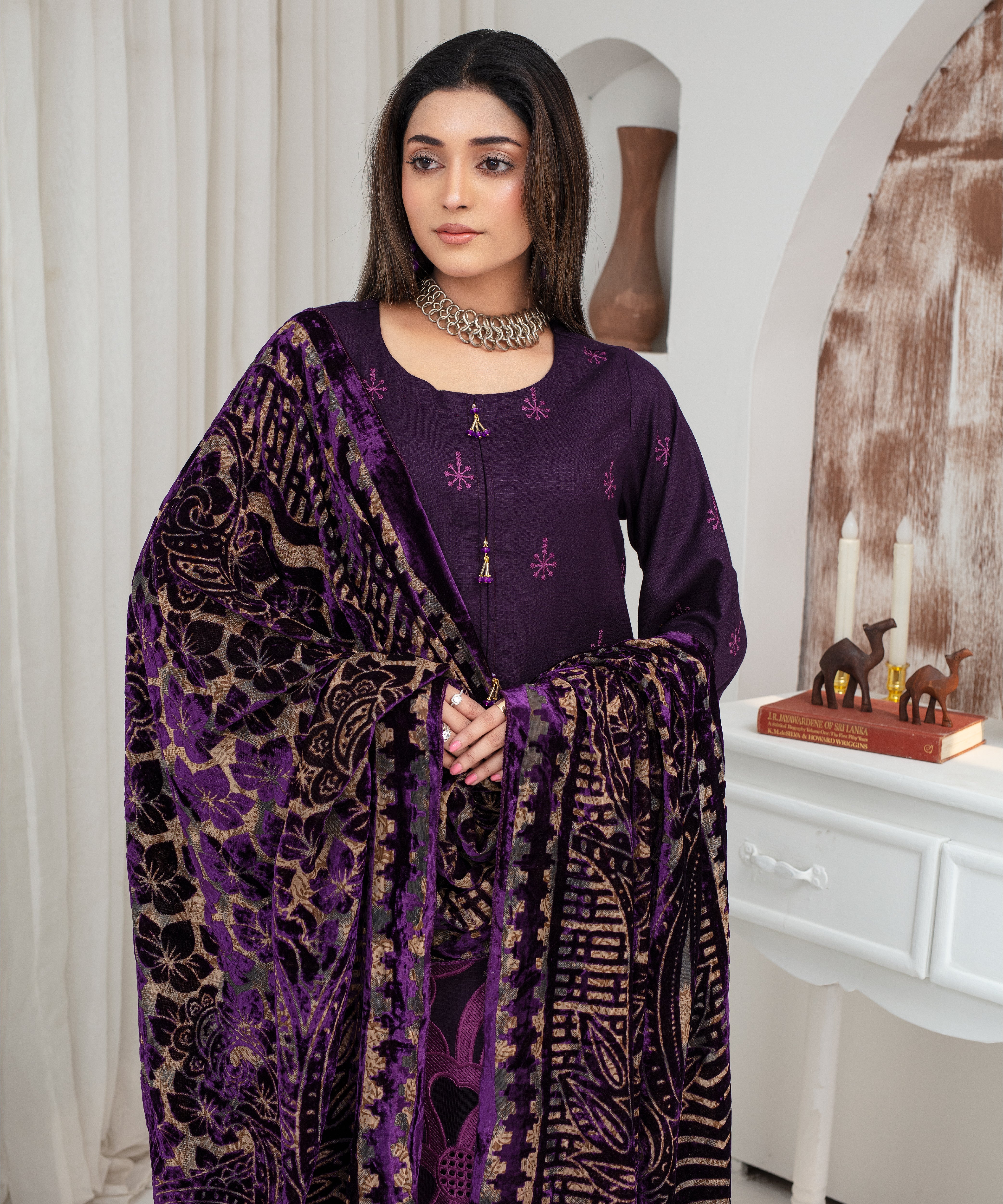 Dhanak 3PC Chikankari Embroidered Shirt With Velvet Plachi Shawl- 2108