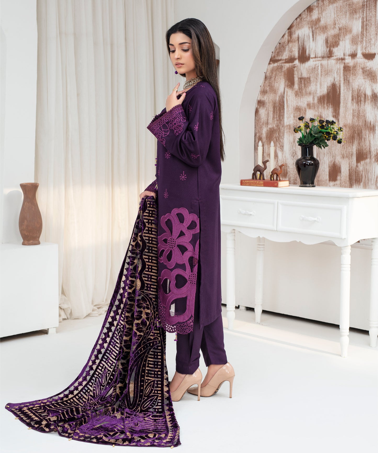 Dhanak 3PC Chikankari Embroidered Shirt With Velvet Plachi Shawl- 2108