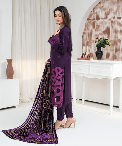 Dhanak 3PC Chikankari Embroidered Shirt With Velvet Plachi Shawl- 2108