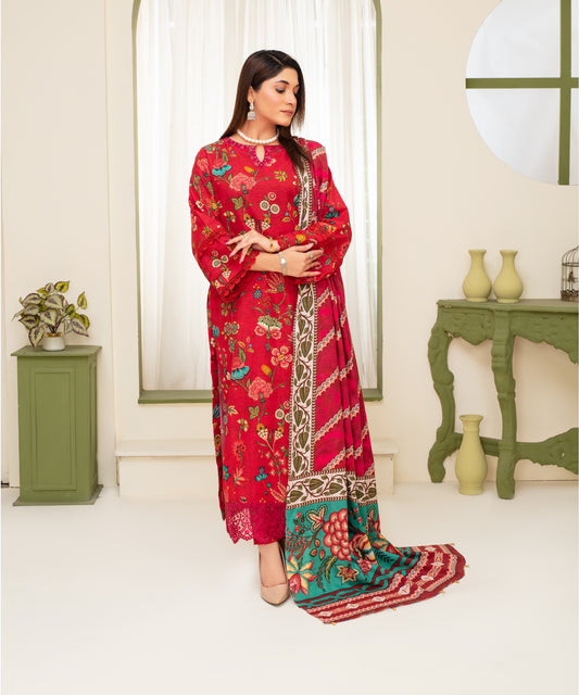3PC WITH KHADDAR PRINTED SHIRT & TROUSER-907