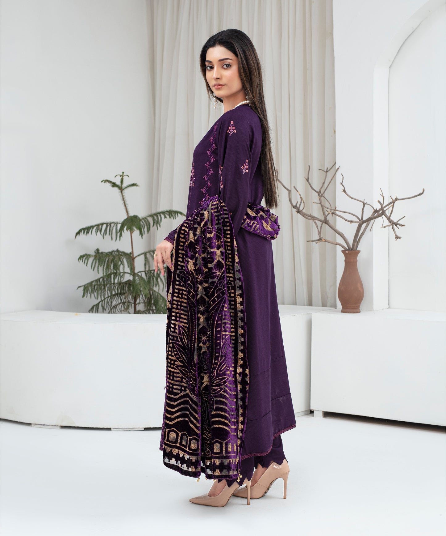 Dhanak 3PC Chikankari Embroidered Shirt With Velvet Plachi Shawl- 2106