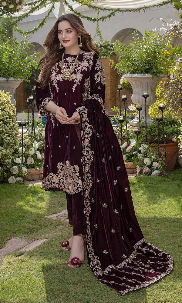 Velvet-3pc Embroidered with Velvet Embroidered Dupatta-955