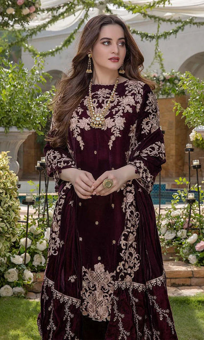Velvet-3pc Embroidered with Velvet Embroidered Dupatta-955