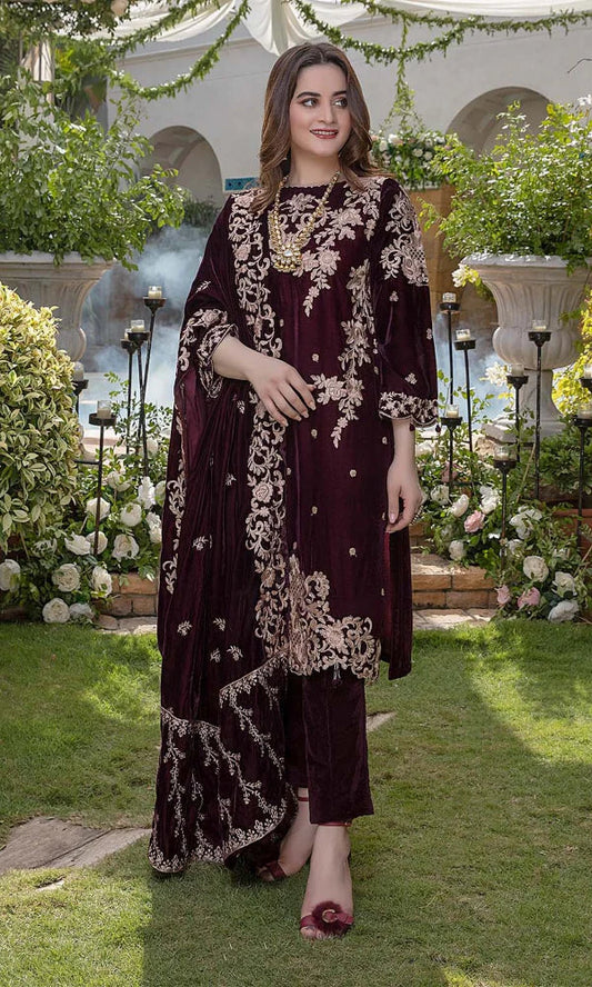 Velvet-3pc Embroidered with Velvet Embroidered Dupatta-955