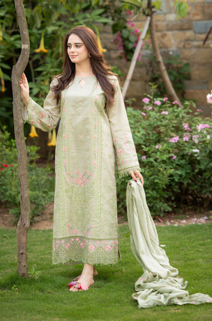 Dhanak-3PC Embroidered Shirt with Organza Embroidered Dupatta- 3386