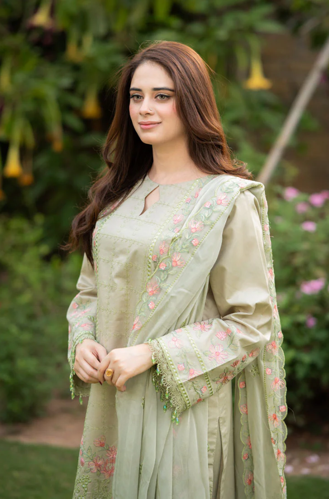 Dhanak-3PC Embroidered Shirt with Organza Embroidered Dupatta- 3386