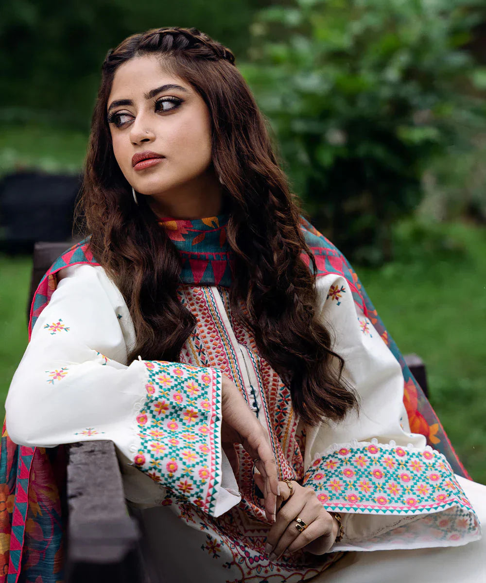 Dhanak 3PC Embroidered With Printed Wool Shawl-255