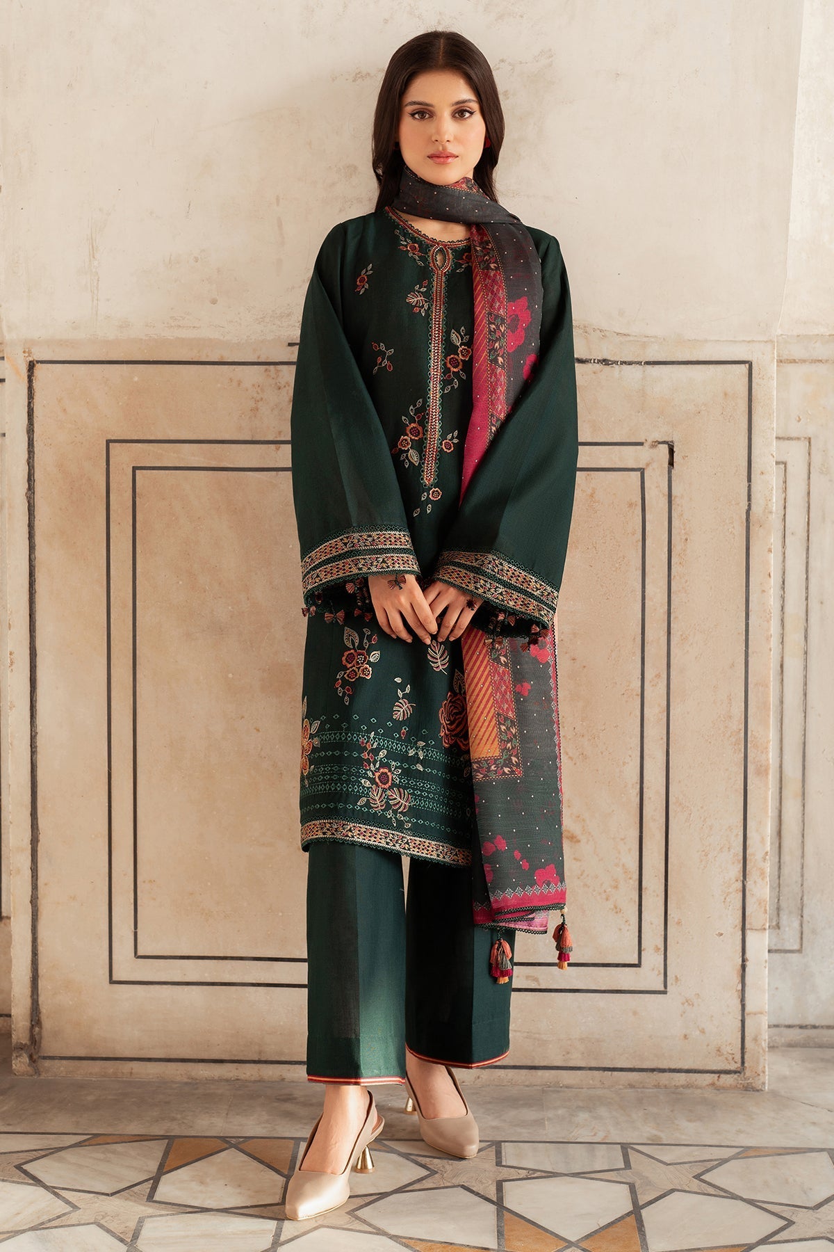 3PC Dhanak Embroidered Shirt With Digital Printed Shawl-133