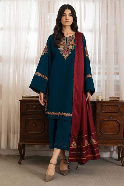 Dhanak-3PC Embroidered Shirt with Digital Printed Wool Shawl - 3495