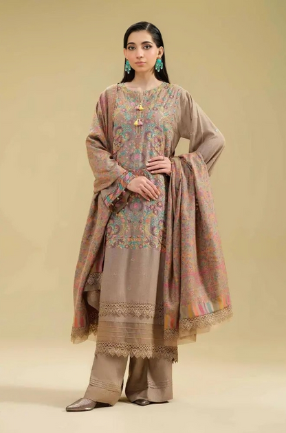 Dhanak 3PC Embroidered Suit with Printed Wool Shawl 3553