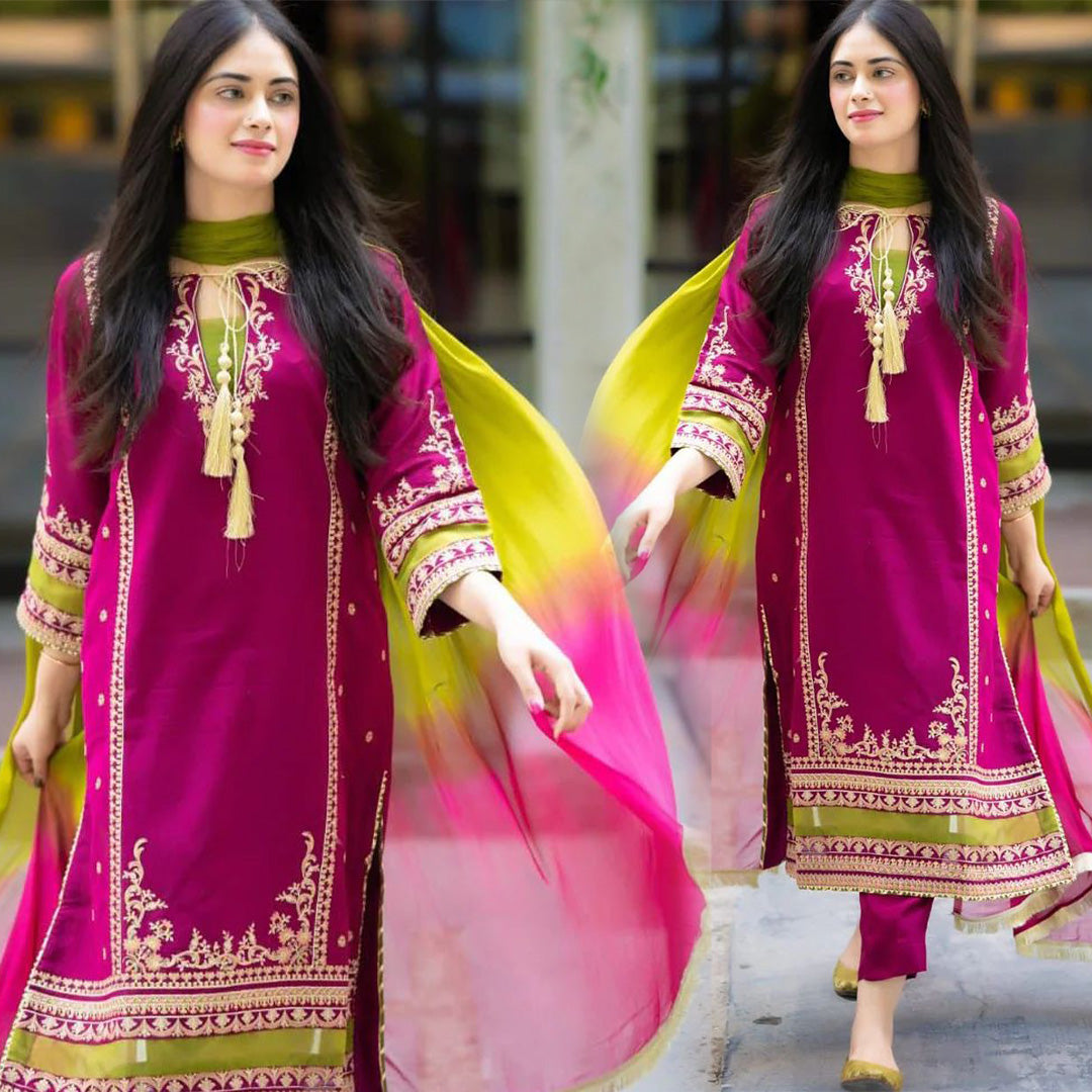 Linen 3PC Embroidered With Chiffon Dye N Dye Dupatta-1311